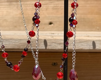Red Rose Garnet Crystal-lenzenvloeistofketting, handgemaakte brillenhouder met kralen voor stijlvolle dragers