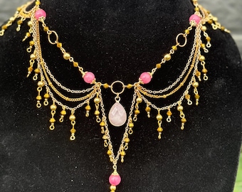Gouden kwarts rhodochrosietketting, handgemaakte edelsteensieraden
