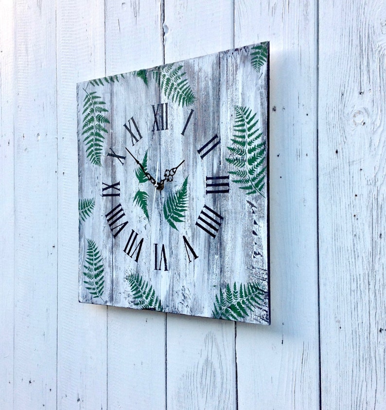 Ferns plant wall clock green leaf botanical decor Rustic wood Etsy