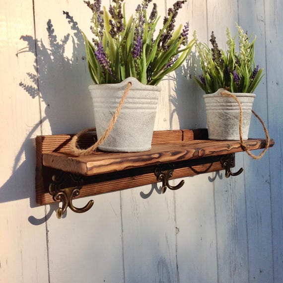 Wooden Rustic Shelf With Hooks Rustic Coat Rack Entryway Wood Etsy