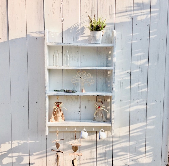 White Wall Shelves Open Shelving Unit Wooden Shelf With Hooks Farmhouse  Furniture 