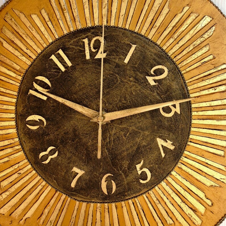 Gold Sunburst Starburst Mid Century Wall Clock Vintage Black Etsy UK