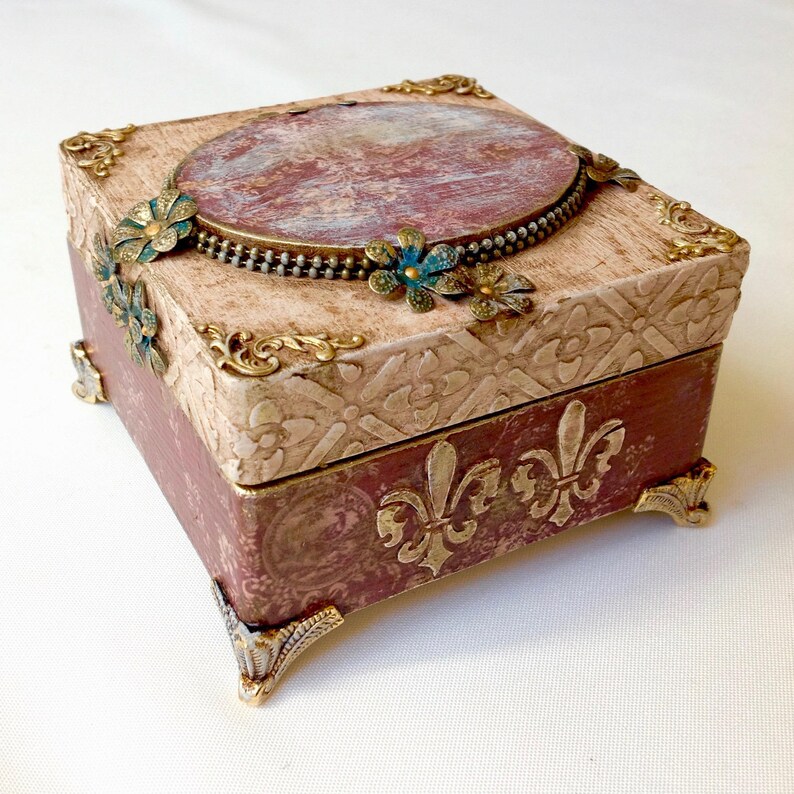 Small jewelry decoupage box vintage Decorative gift box Proposal ring box Floral keepsake box