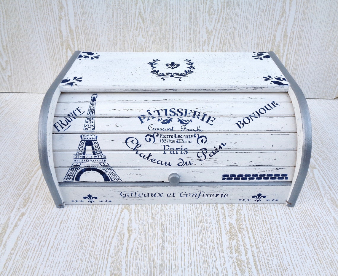 White Bread Box French Vintage Bread Bin Parisian Eiffel Tower Etsy