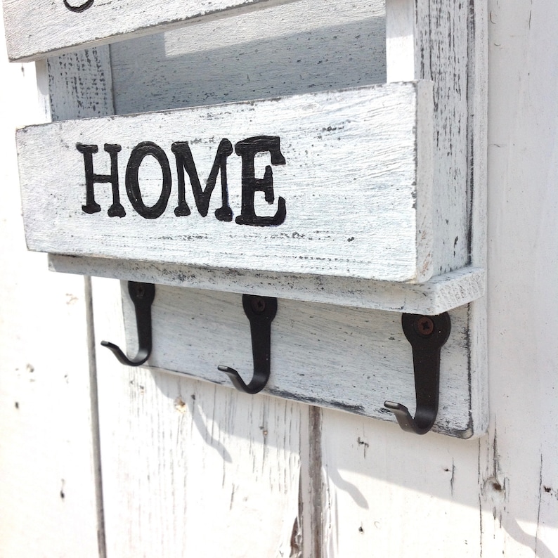 Hanging mail organizer white with key hooks Wood letter holder Etsy