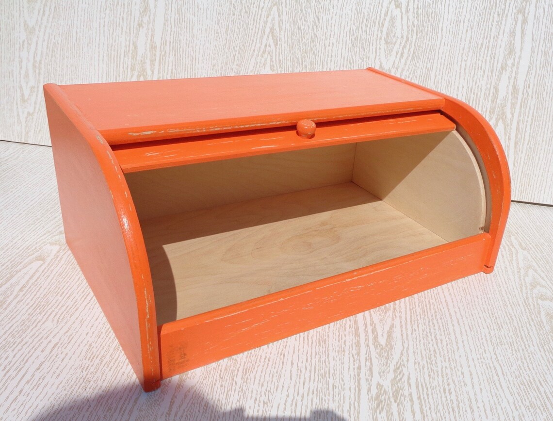 Wood breadbox orange vintage bread bin roll top bread box Etsy