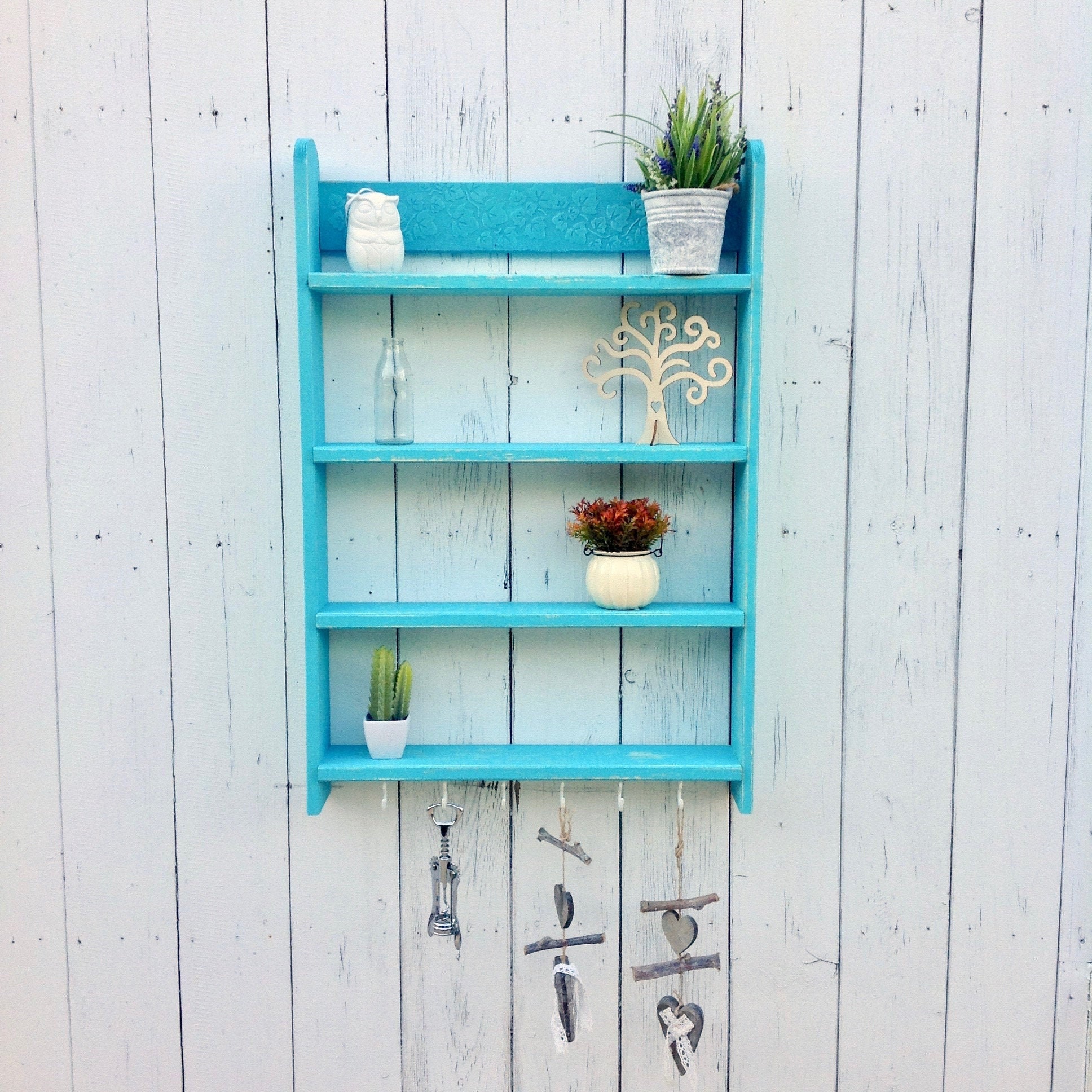 Turquoise wooden wall shelf with hooks Kitchen shelving unit Etsy