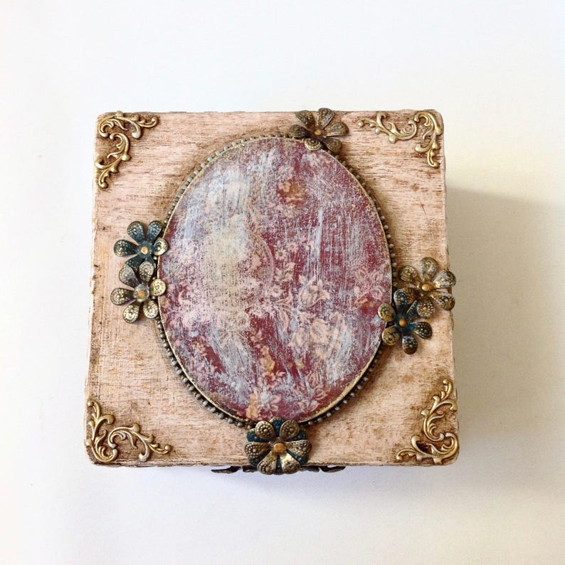 Small jewelry decoupage box vintage Decorative gift box Proposal ring box Floral keepsake box