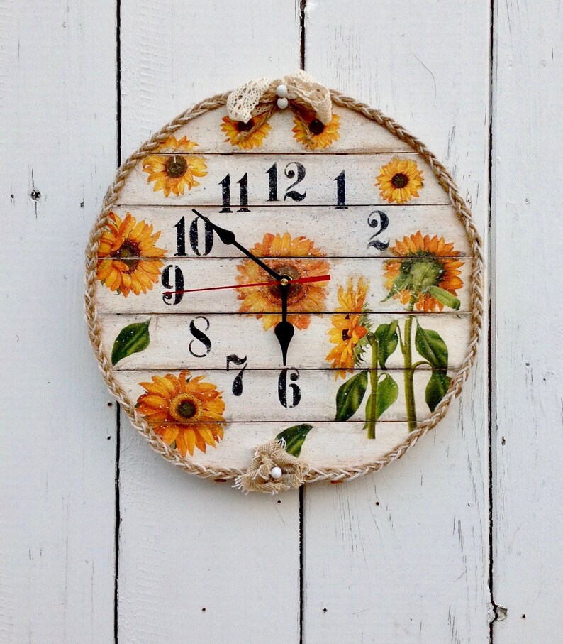 Sunflower Wall Clock Yellow Kitchen Decor Unique With Number Country Flower Rustic Round Living Room Wood