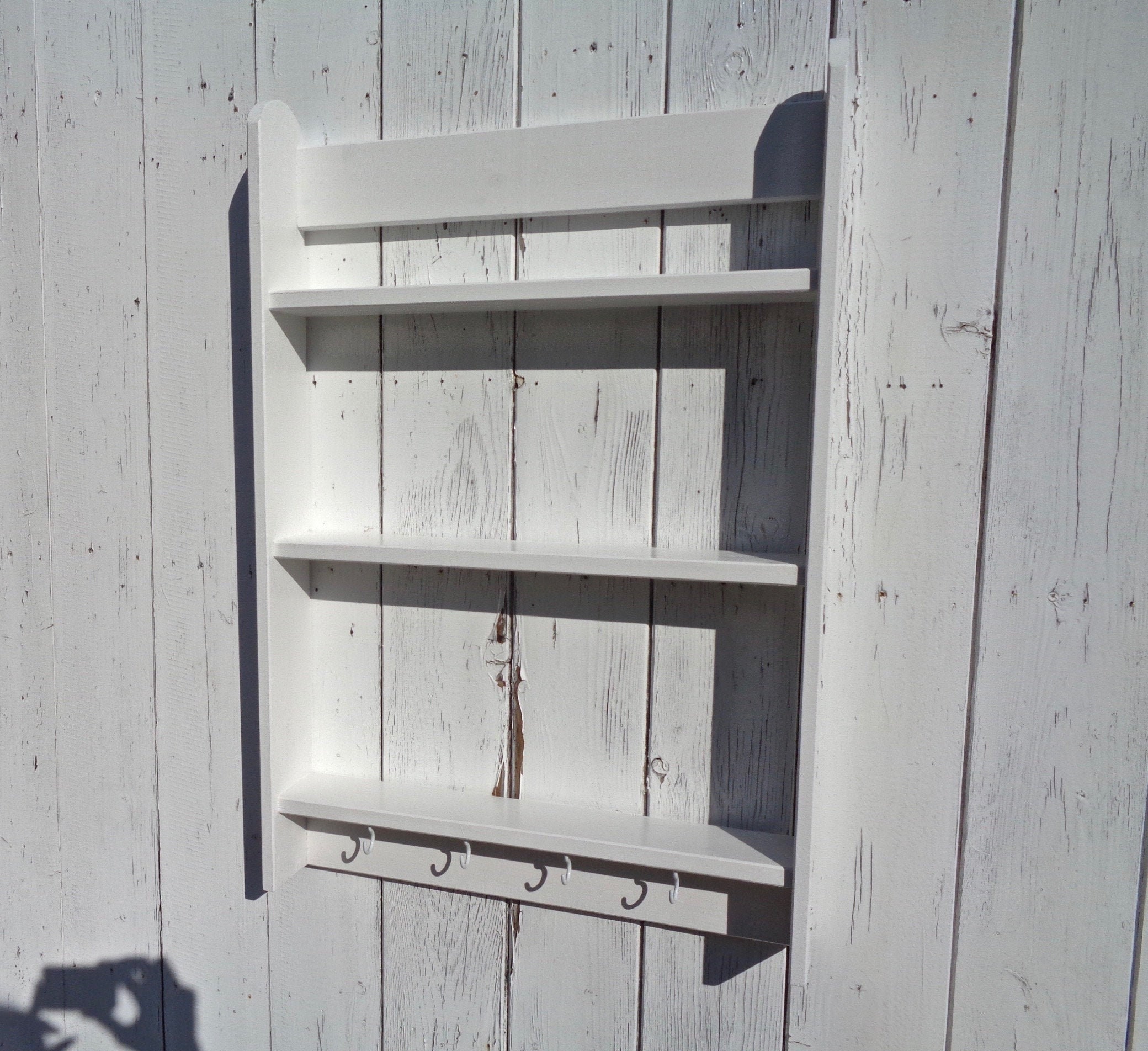 White wood wall shelf unit with hooks for kitchen living room Etsy