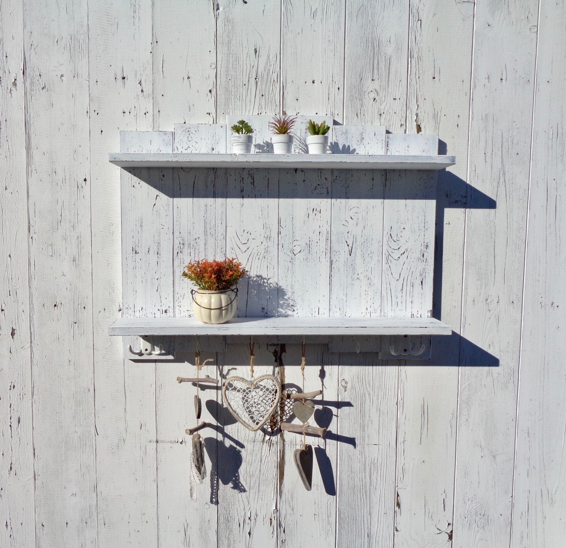 White Wooden Shelf With Hooks Farmhouse Wall Shelves Rustic Etsy