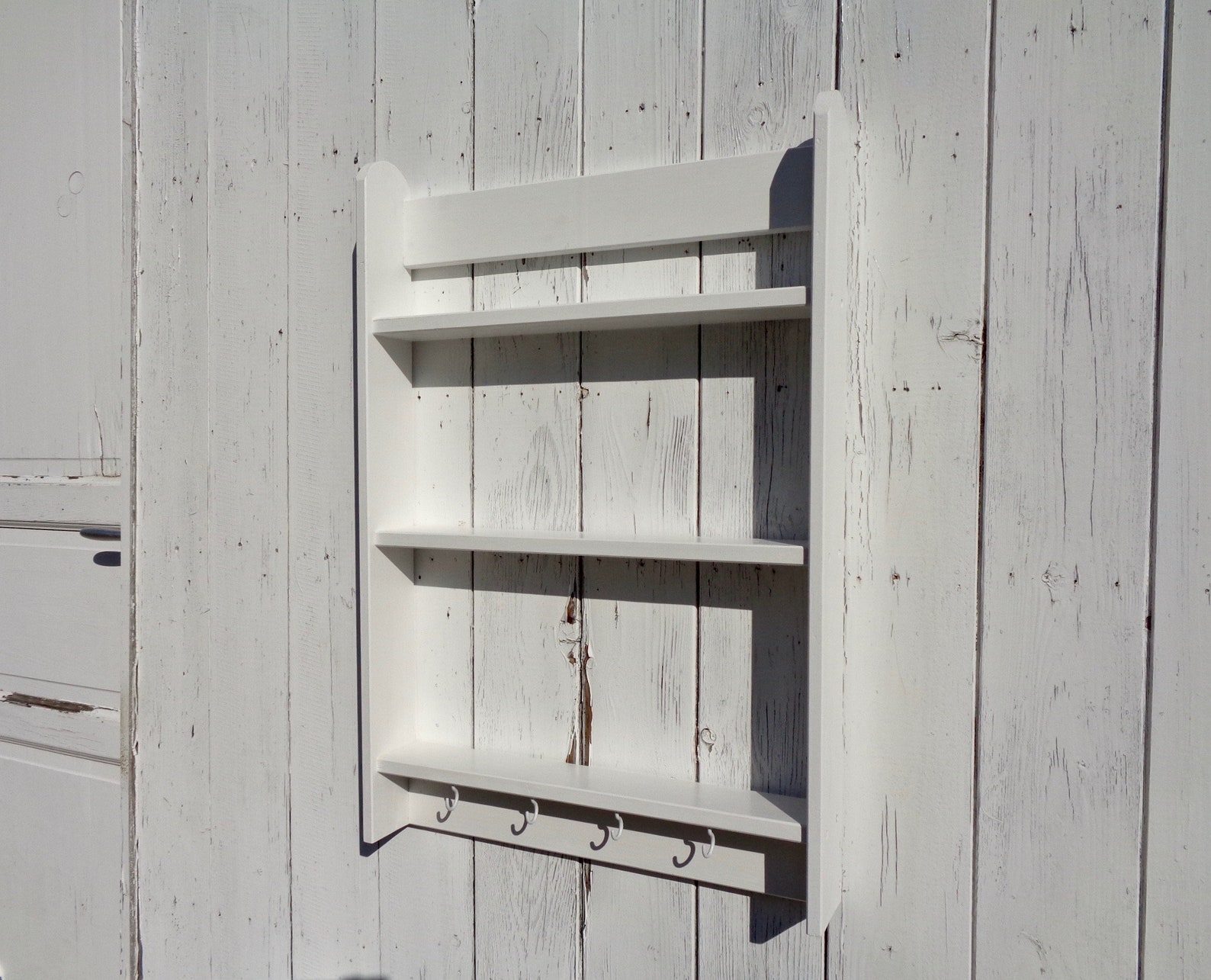 White wood wall shelf unit with hooks for kitchen living room Etsy