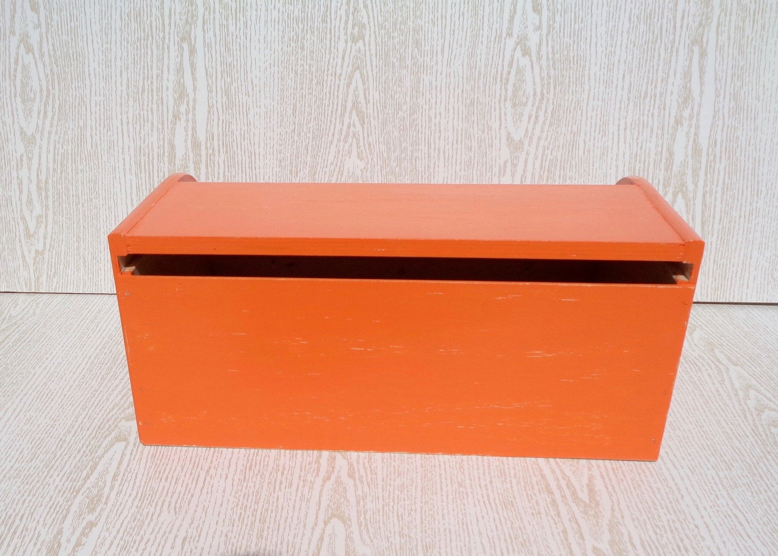 Wood breadbox orange vintage bread bin roll top bread box Etsy