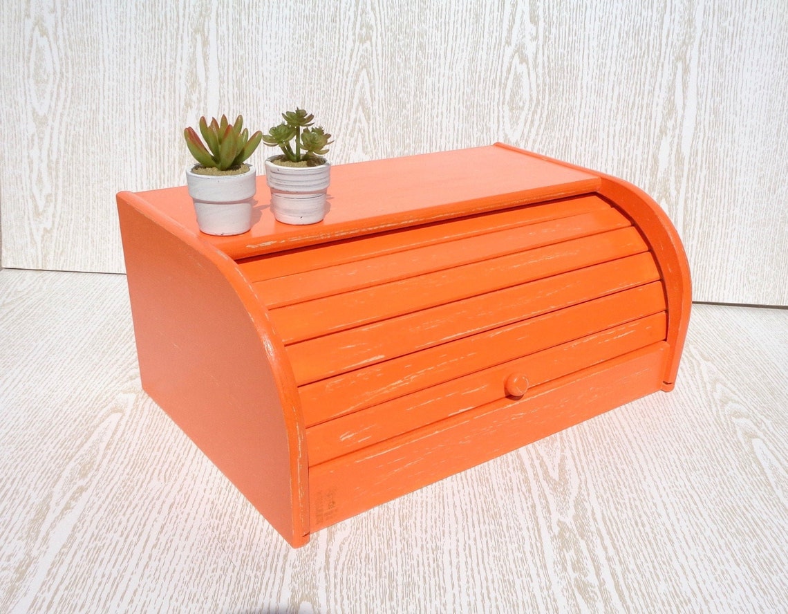 Wood breadbox orange vintage bread bin roll top bread box Etsy