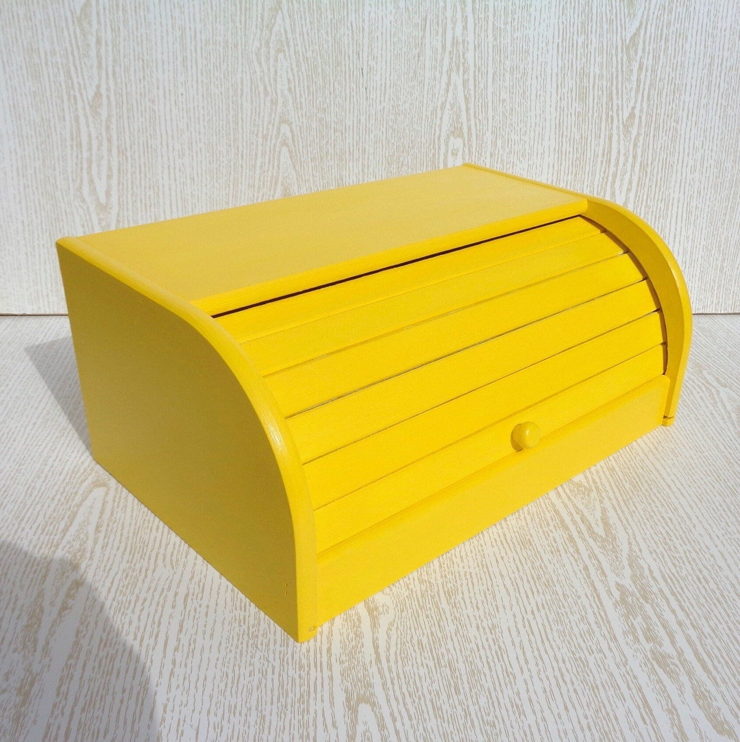 Yellow Bread Box Wood Bread Bin Wooden Roll Top Breadbox Etsy