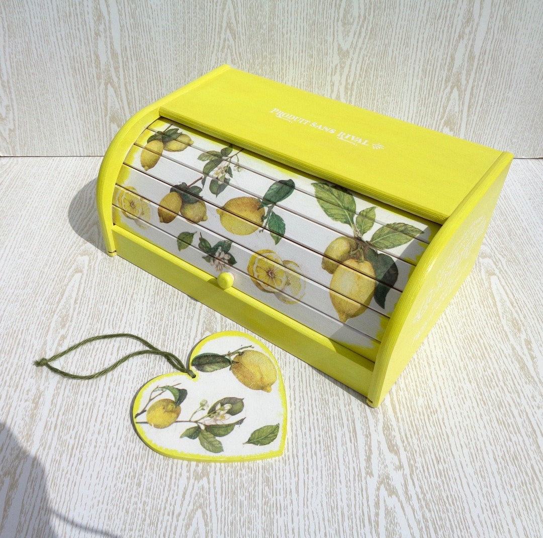 Lemon Decor Bread Box Yellow Bread Bin Wooden Decoupage Etsy
