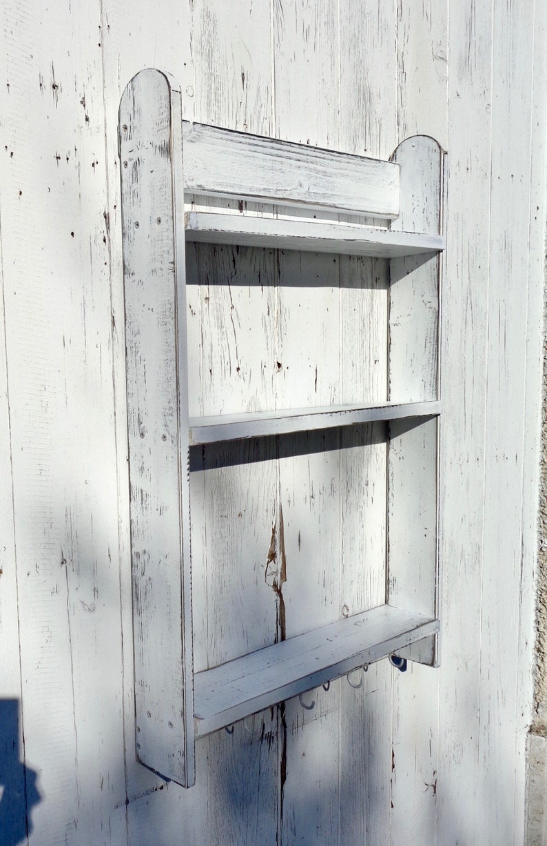 White wall shelves with hooks Farmhouse wooden shelving unit Etsy