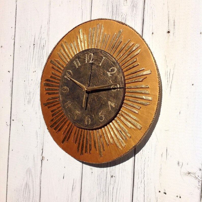 Gold Sunburst Starburst Mid Century Wall Clock Vintage Black Etsy UK