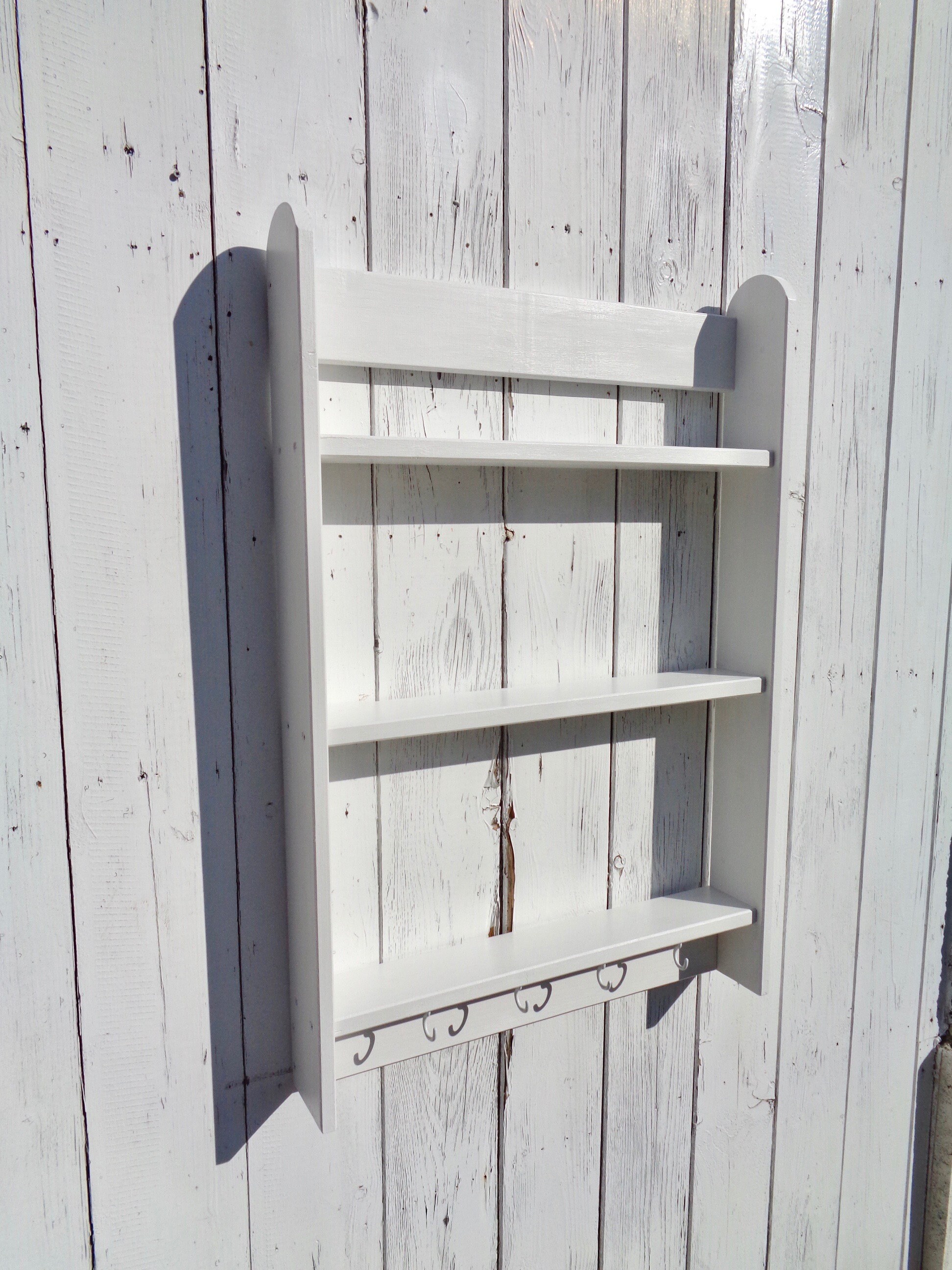 White wood wall shelf unit with hooks for kitchen living room Etsy