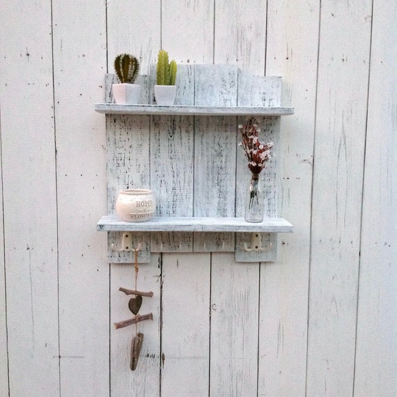 Distressed White Shelves Wooden Shelf Storage With Hooks Etsy