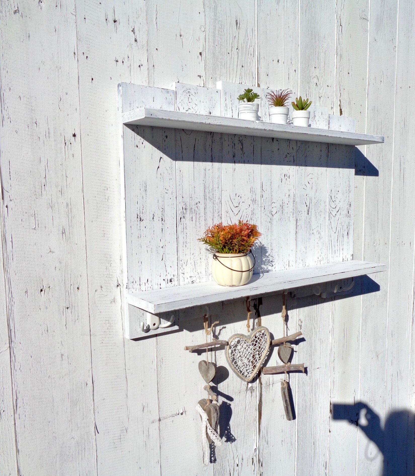 White Wooden Shelf With Hooks Farmhouse Wall Shelves Rustic Etsy