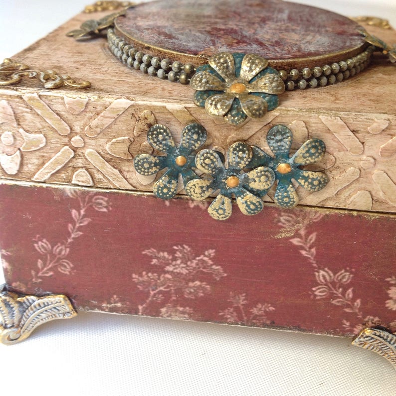 Small jewelry decoupage box vintage Decorative gift box Proposal ring box Floral keepsake box