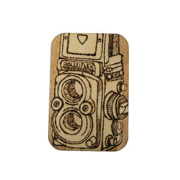 Vintage TLR 120 Film Camera Pyrography Woodburn Magnet