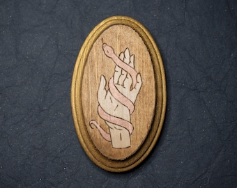 Hand and Snake Woodburn Art for Gallery Wall Wood Decor