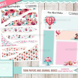 Puede incluir: Pegatinas imprimibles para planificador con diseños florales, cupcakes y un perro salchicha. Las pegatinas incluyen papeles rasgados y cajas de diario. El texto "Plan Ahead Stickers" y "Printable" son visibles.