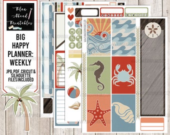 Big Happy Planner Printable Stickers Vertical Weekly Kit, Beach Vacation Summer