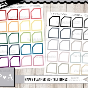 Puede incluir: Pegatinas imprimibles para cajas mensuales de Happy Planner en varios colores. Las pegatinas tienen forma de caja con esquinas redondeadas. Las pegatinas están diseñadas para ser utilizadas en un Happy Planner.