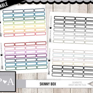 May include: Printable sticker sheet with a variety of colorful and black and white skinny box labels. The sheet includes the text "SKINNY BOX" and "SILHOUETTE, CRICUT AND PDF FILES".