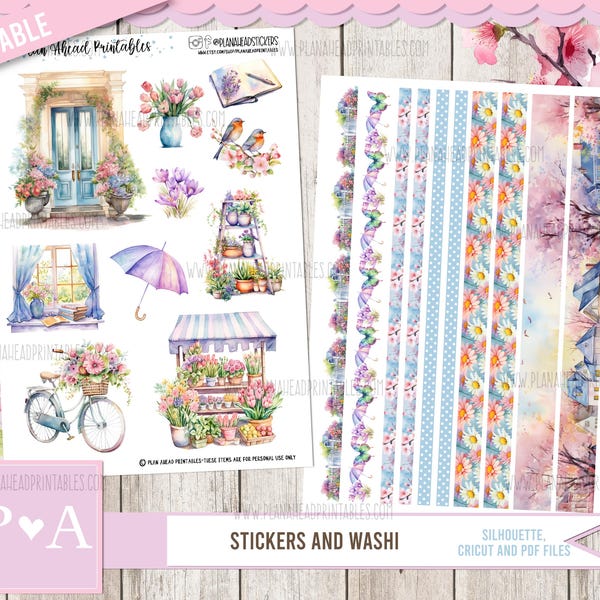 Kit de adesivos imprimíveis e washi tape Blooming Horizons para planner, bullet journaling, happy planner Erin Condren A5 Hobonichi Cousin Spring Flowers.