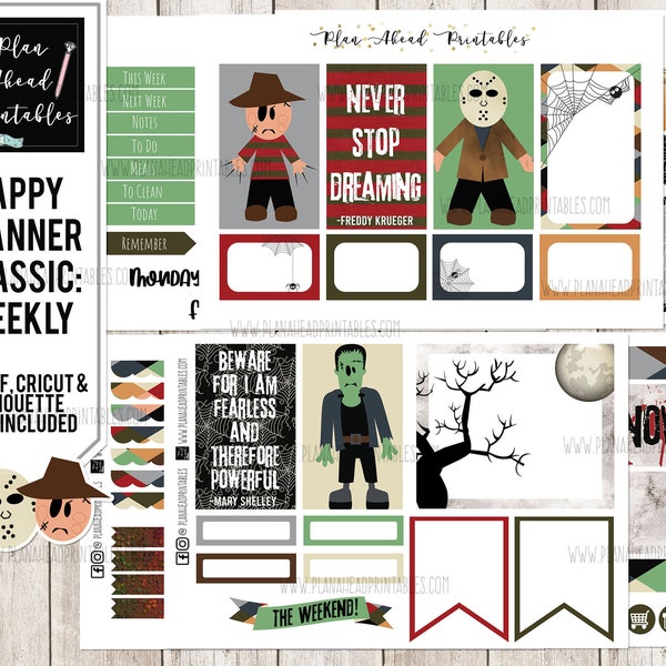 Happy Planner Printable Stickers Classic Vertical Weekly Kit, Halloween Monsters w Freddy Kruger, Frankenstein and Jason