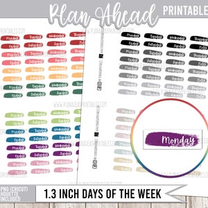 PRINTABLE Planner Stickers Hobonichi Cousin 1.3 Inch Days of the Week Painted