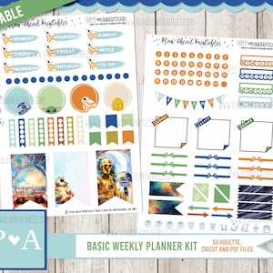 May include: Printable planner stickers featuring a Star Wars theme. The stickers include a variety of shapes, sizes, and colors, including blue, green, orange, and brown. The stickers feature characters from Star Wars, including R2-D2, Yoda, and C-3PO. The stickers are perfect for adding a touch of fun and personality to your planner.