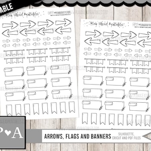 May include: Printable planner stickers featuring arrows, flags, and banners. The stickers are black and white and are designed for use in a planner or journal.