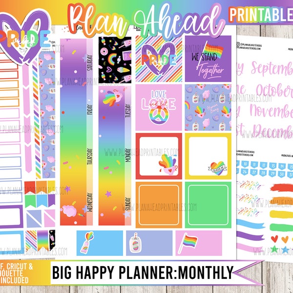 Big Happy Planner Printable Sticker Monthly Kit LGBTQ Pride June Rainbows