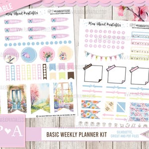 May include: A printable planner kit with a floral theme. The kit includes a variety of stickers, including floral designs, a birdhouse, and a window with a view. The kit also includes a weekly planner page with space for notes and a section for daily tasks. The text "Plan Ahead Printables" is visible on the page.