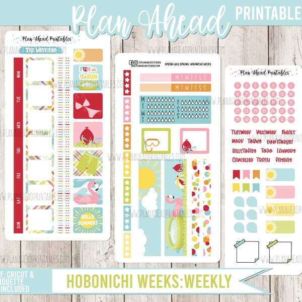 Hobonichi Weeks Printable Planner Stickers Weekly Kit Summer Backyard Fun June July August, Sunshine Swimming Water Balloons Water Guns