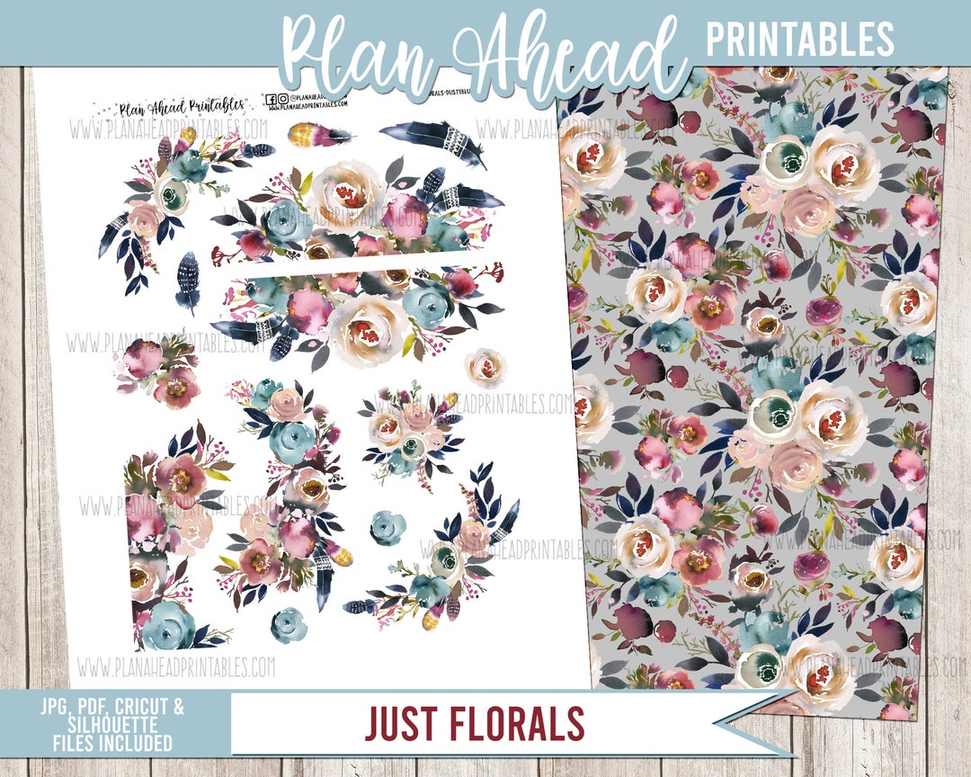 PRINTABLE Planner Stickers Watercolor Dusty Blue Floral Borders Cut ...