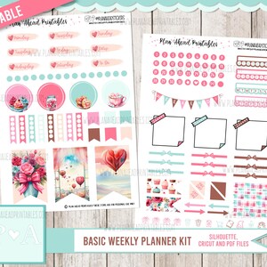 Könnte beinhalten: Ein druckbares Basic Weekly Planner Kit mit einer Vielzahl von Aufklebern in Rosa, Türkis und Braun. Die Aufkleber enthalten Herzen, Kreise, Banner und Illustrationen von Desserts und Heißluftballons. Der Text "PRINTABLE" befindet sich oben links.