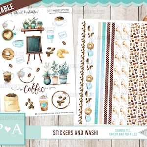May include: Printable coffee themed stickers and washi tape. The stickers feature coffee cups, donuts, coffee beans, and a chalkboard sign that says "Coffee". The washi tape features coffee beans, donuts, and stripes.