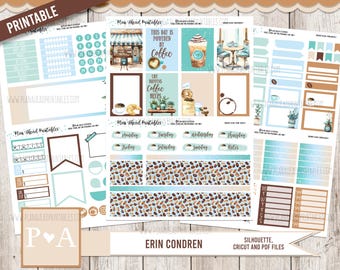 Planificador semanal imprimible clásico de Erin Condren Life, kit de pegatinas, Coffee Friends Coffee Shop, kit de planificador diario