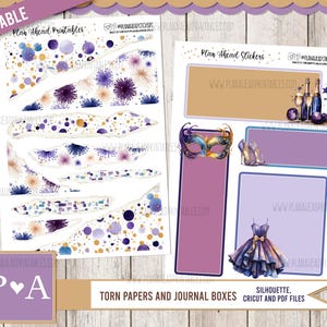 Puede incluir: Pegatinas imprimibles para planificador con diseños de papel rasgado con acentos morados, azules y dorados. Incluye cajas de diario con una máscara de mascarada, tacones altos y un vestido. El texto dice "Plan Ahead Printables".