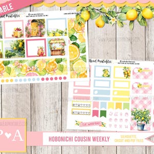 May include: Printable planner stickers featuring a lemon theme. The stickers include a variety of designs, such as lemons, lemonade stands, and gingham patterns. The stickers are designed for use with the Hobonichi Cousin Weekly planner.