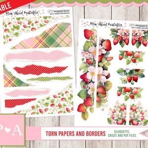Api e bacche STAMPA Carta strappata e bordi, Planner Bullet Journaling Happy Planner Erin Condren A5 Hobonichi Cousin Strawberry Summer