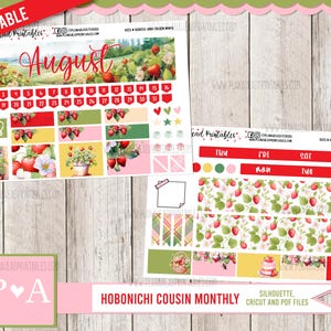Peut inclure: Autocollants de planificateur imprimables sur le thème des fraises. Le design comprend un calendrier d'août, des éléments décoratifs et des mises en page hebdomadaires. Les autocollants sont conçus pour les planificateurs Hobonichi Cousin Monthly.