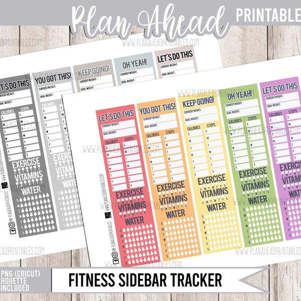 PRINTABLE Workout Fitness Habit Tracker Sidebars Planner Stickers Weight Water Vitamins Exercise Jewel and Neutral Colors