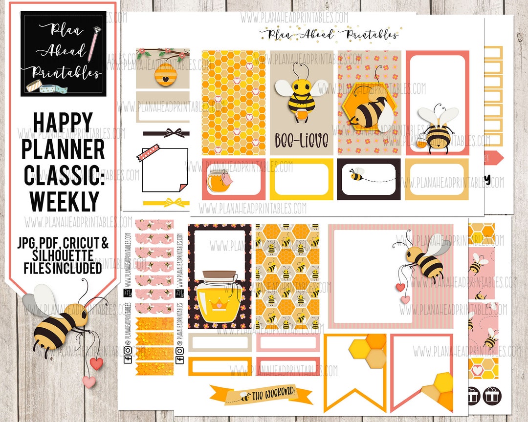 Happy Planner Printable Stickers Classic Vertical Weekly Kit, Bee-lieve ...